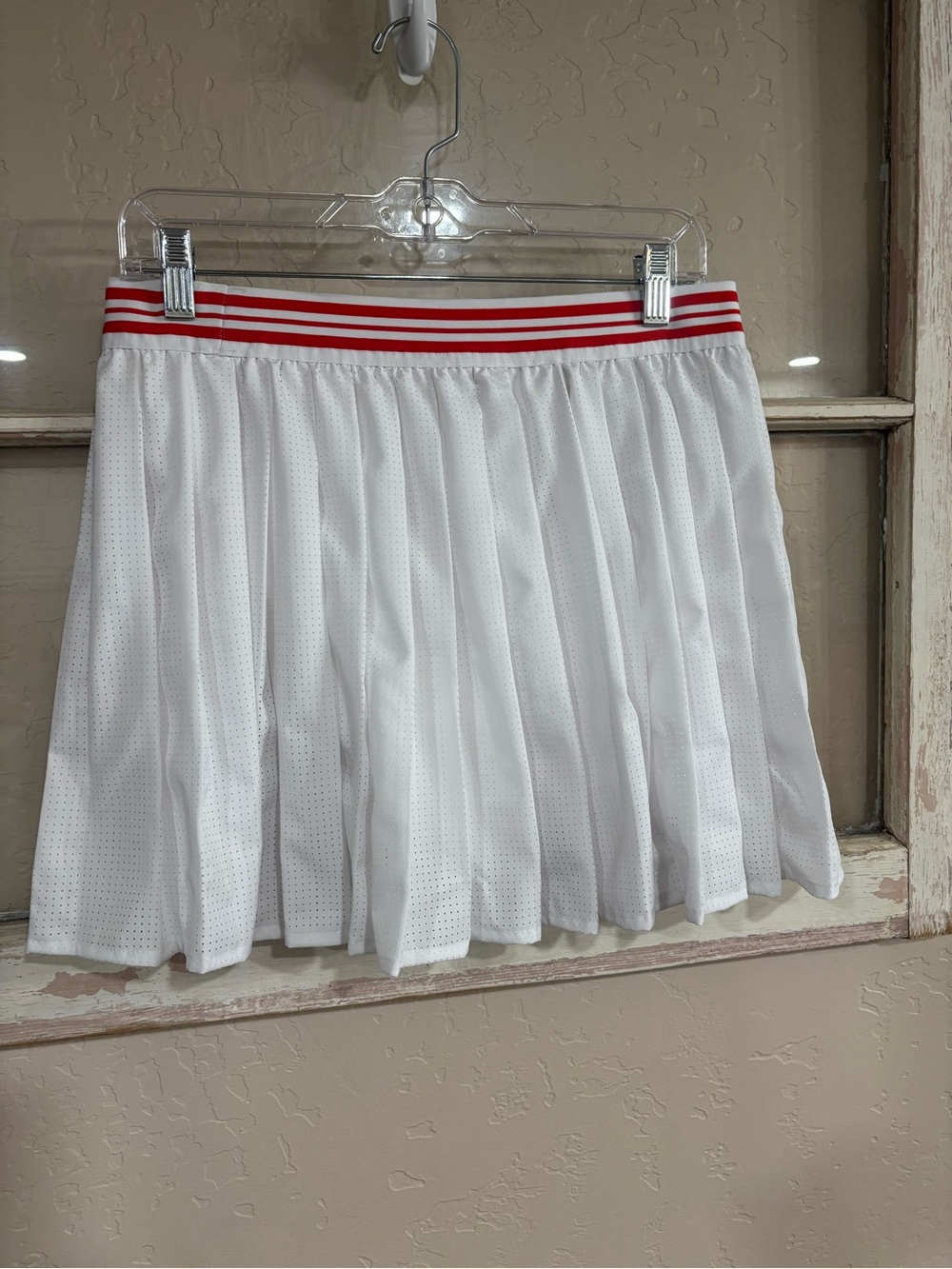White Pleated Tennis Skort with Red Stripe Waistband